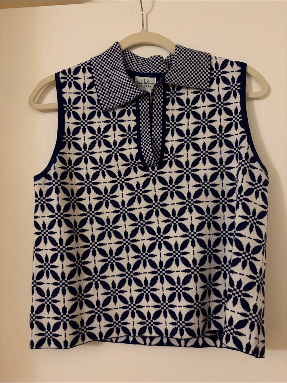 Sleeveless Knit Polo Tank in Navy and White